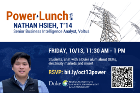 Power lines and profile photo of a man. Text: Power Lunch with Nathan Hsieh, Senior Business Intelligence Analyst, Voltus. Friday, 10/13, 11:30 AM-1 PM. Students, chat with a Duke alum about DERs, electricity markets and more! RSVP: bit.ly/oct13power." Logo of Duke's Nicholas Institute for Energy, Environment & Sustainability and QR directing to bit.ly/oct13power.